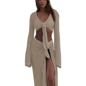 Crochet Two Piece Set Coverups Crop V Neck Long Sleeve Shirt Hollow Out Split Wrap Skirt Sexy Beach Sets (Large, Apricot)