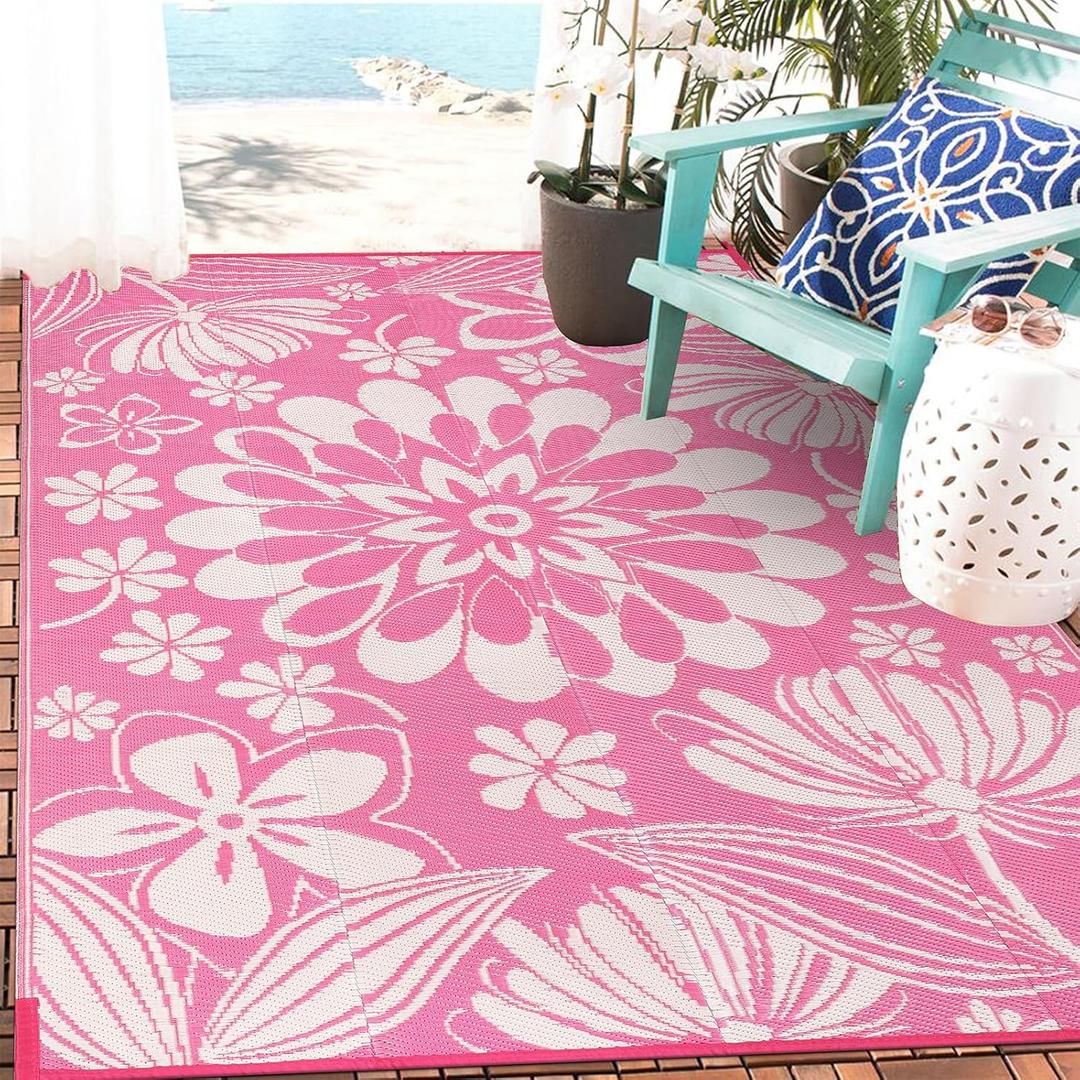 Ileading Outdoor Plastic Straw Rug 5x8ft Funny Floral Style Reversible Patio Area Rugs Waterproof Non Shedding Portable Carpets for Rv Outside Deck Pool Beach Picnic Camping (Pink)
