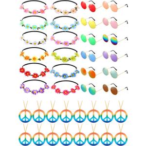 MTLEE 36 Pieces Hippie Costume Accessory Set for 60s 70s with Peace Sign Necklaces, Daisy Sunflower Headbands and Retro Round Sunglasses for Hippie Party Supplies