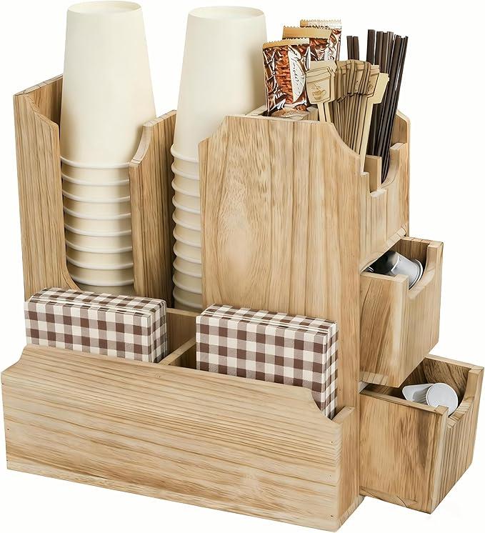 Peohud Coffee Station Organizer for Countertop, 11 Compartments Farmhouse Cup and Condiment Station with Drawer for Coffee Bar Accessories, Kitchen, Office