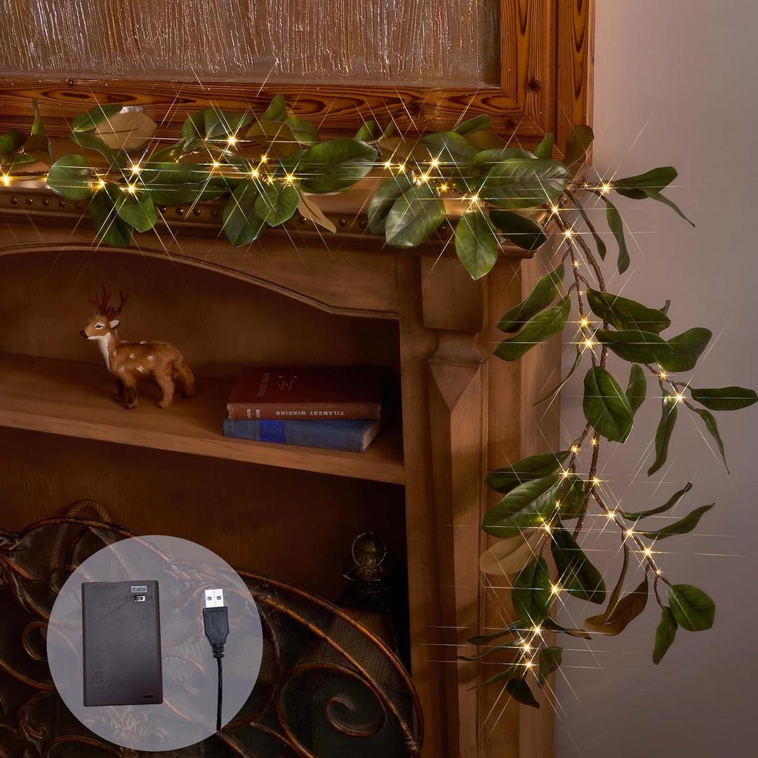 BAOLITVINE Lighted Magnolia Garland with Timer 6FT 80 LED Fairy Lights, Artificial Plant Vine Garland with Lights Battery Operated or USB Plug in for Fireplace Mantle Christmas Spring Decoration