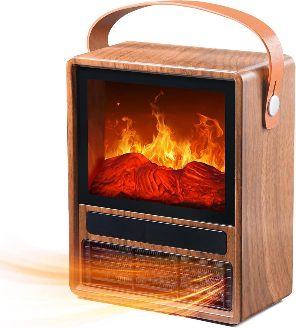 Portable Electric Fireplace Heater - Mini Fireplace Space Heater for Indoor Use with Realistic 3D Flame, Overheat & Tip Protection Small Room Space Heater Fireplace for Bedroom, Office, Living Room (8.9"W x 11.2"H Oak)