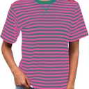 Dwnval Women's Fashion Stripe Crew Neck Short Sleeve Shirts Basic Womens Loose Fit Tops 2025 Spring Summer Going Out Top (Pink, Green, S9)