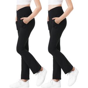 Girls Flare Leggings High Waisted Flare Pants with Pockets Bootcut Black Bell Bottoms Stretchy V-Cross 5-16 Years (9-10 Years)