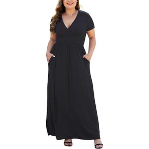 COSSEN Women's XL-5XL Plus Size Maxi Dresses Short Sleeve V-Neck Dress with Pockets 4XL Black