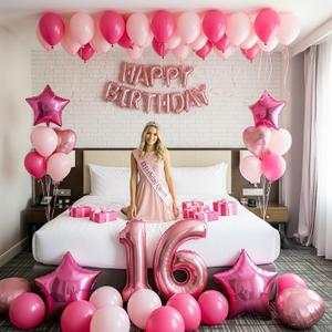 Sweet 16 Birthday Party Decorations for Girls, Sweet 16 Sash and Tiara happybirthday letter 16 Number Balloons balloons Hot pink and pink balloons Star heart balloons16th Birthday Gifts for Girls