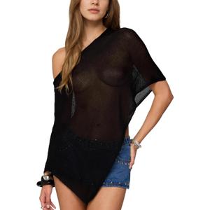 Sheer Poncho for Women Trendy Off Shoulder Asymmetric Knit Cover Up Vacation Shawl Shrug Lightweight Sweater Top L