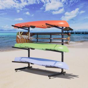 Kayak Storage Rack, Widen & Lengthen Freestanding Kayak Stand with Wheels, Heavy Duty Kayak Holder, Adjustable Canoes and Surfboards Bracket for Outdoor Indoor Storage, Assembly Required (3 Layers)