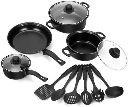 Non-Stick Cookware Set, 13 Piece Set Portable Lightweight Cast Iron Pots and Pans with Glass Lids and Nylon Utensils for Outdoor Camping Picnic Travel Cookware