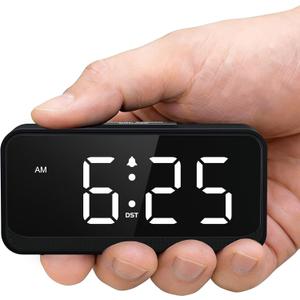 Battery Operated Small Alarm Clock: Digital Compact Large Display Cordless Clock for Bedroom Travel - Simple to Use for Seniors Teens White Digits