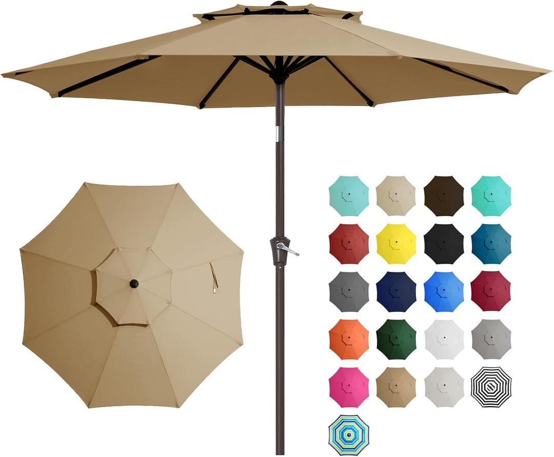 JEAREY 9' 2-Tiers Patio Umbrellas Outdoor Table Market Umbrella w/Push Button Tilt/Crank, 8 Sturdy Ribs, UV Protection Waterproof Sunproof(Tan)