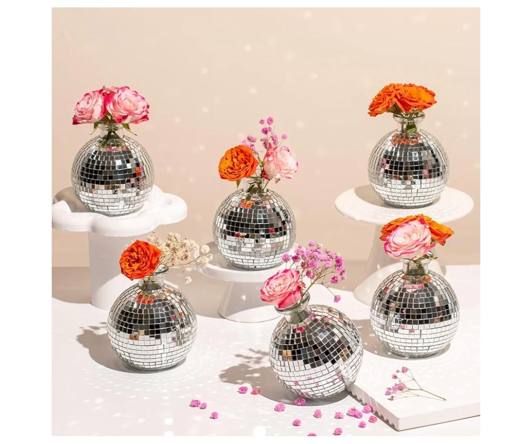 Disco Ball Vase for Centerpieces Disco Ball Planter for Flowers Silver Mirror Glass Disco Ball Decor for Table, Party, Wedding, Birthday, Home, or Bedroom(3.5" X 4")