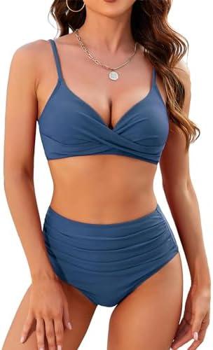 ZAFUL Women High Waisted Bikini Sets Two Piece Swimsuit Push Up Twist Front Ruched Bathing Suit Medium