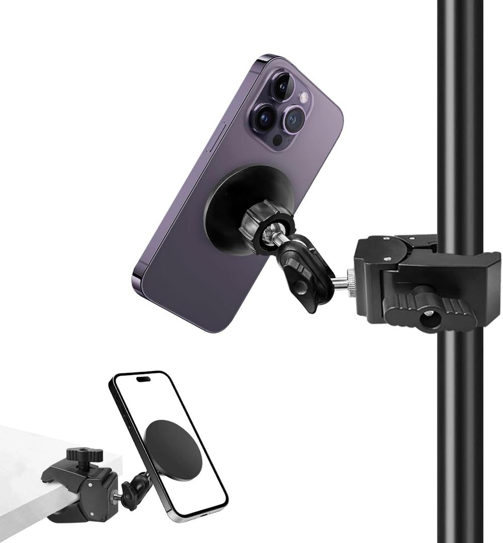Mic Stand Phone Holder, for MagSafe Phone Holder with Clamp, Dual Ball Head 360 Swivel Magnetic Microphone Stand Phone Mount Clip for iPhone 16 15 14 MAX Pro Samsung Galaxy and Any Smartphones Black