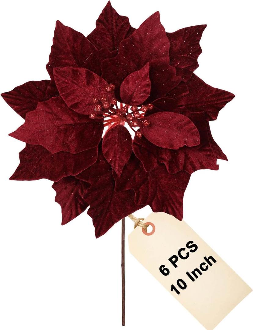 vensovo 10 Inch Red Christmas Poinsettia Flowers for Tree - 6PCS Deep Red Christmas Tree & Wreath Floral Decorations for Holiday DIY, Gift Wrap & Home Decor