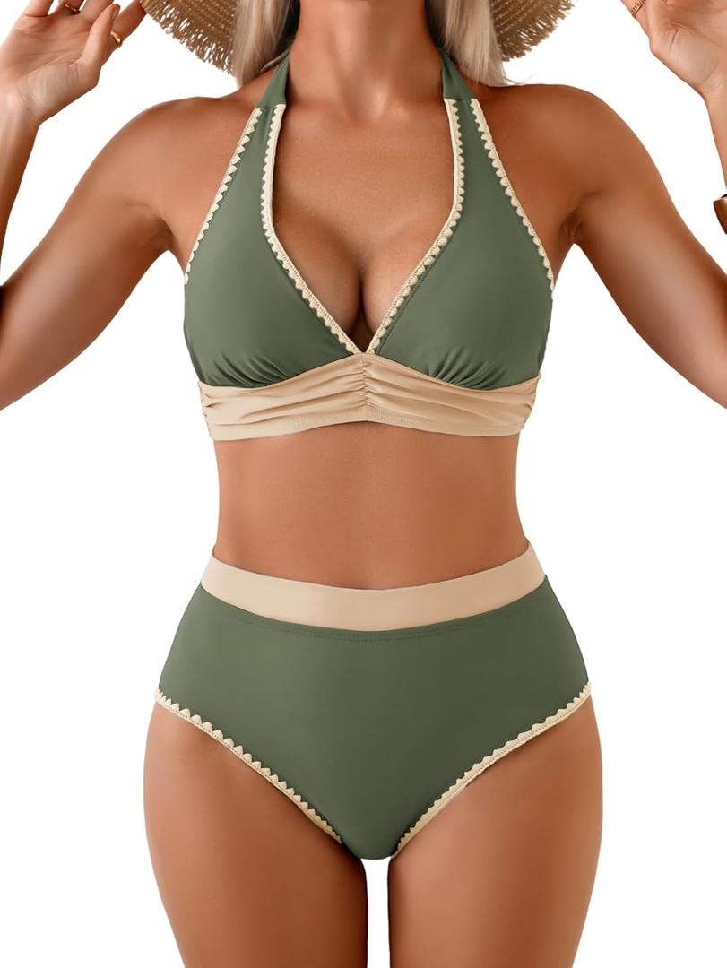 Aidonger Womens Bikini Sets High Waisted Swimsuit Halter V Neck Shell Stitched Two Piece Bathing Suits (X-Small, Army Green)