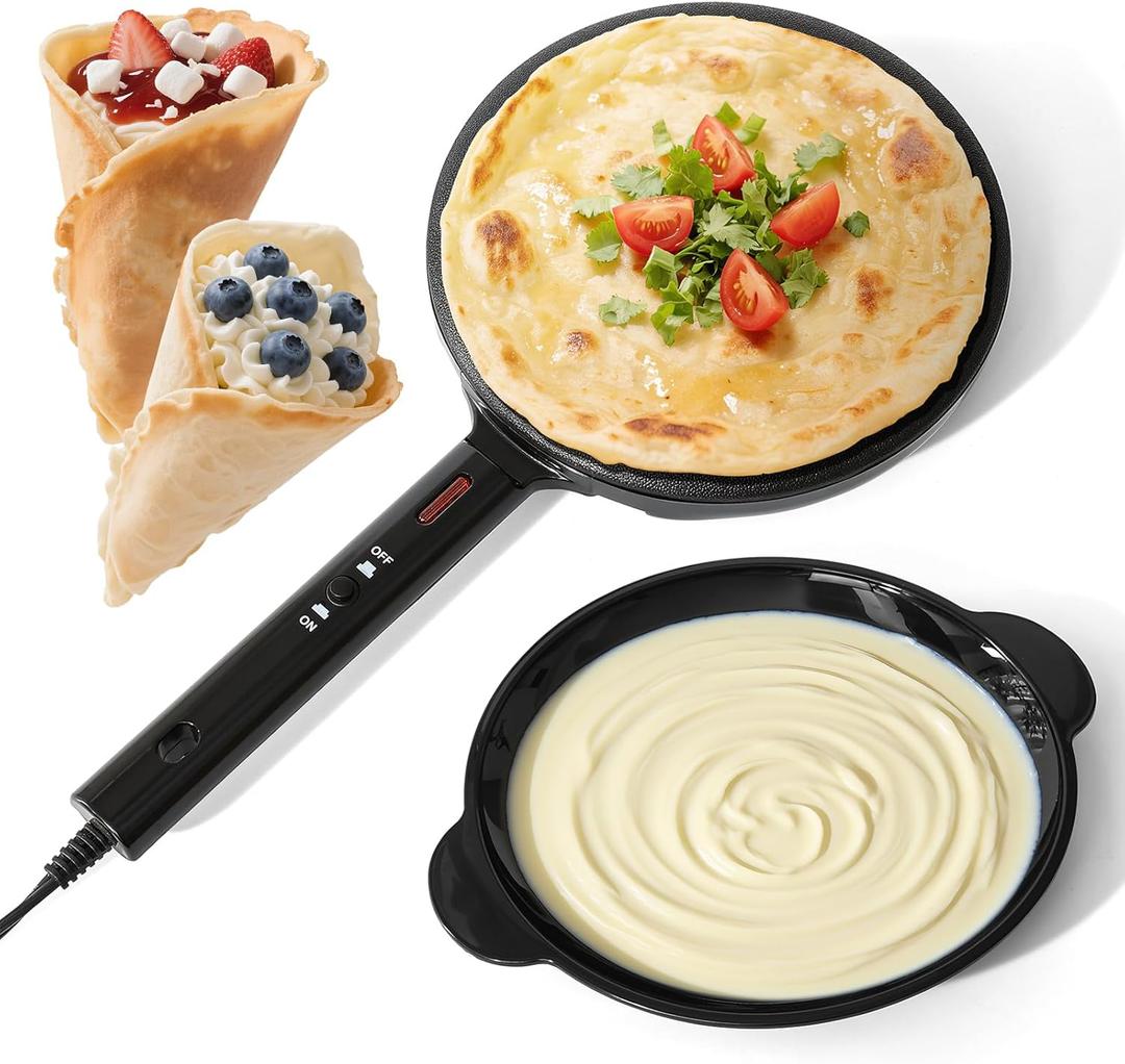 Electric Instant Crepe Maker, 8 Inch Portable Electric Crepe Maker Machine & Non-Stick Coating, On/Off Switch & Automatic Temperature Control, Compact Crepe Maker, Black