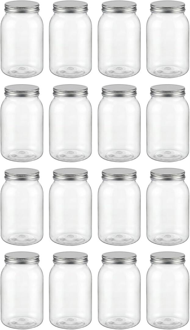 novelinks 32 oz Mason Jars with Plastic Lids, 16 Pack Large Plastic Salad Jars with Lids 32oz, Reusable Spice Containers & Kitchen Jars for Pantry Organization (16 Pack,Silver)