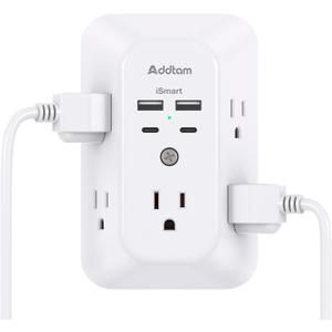 Addtam - Extensor de salida de proteccin contra sobretensiones, divisor de 5 salidas con 4 cargadores de pared USB (2 puertos USB-C), regleta de alimentacin de mltiples enchufes para el hogar,