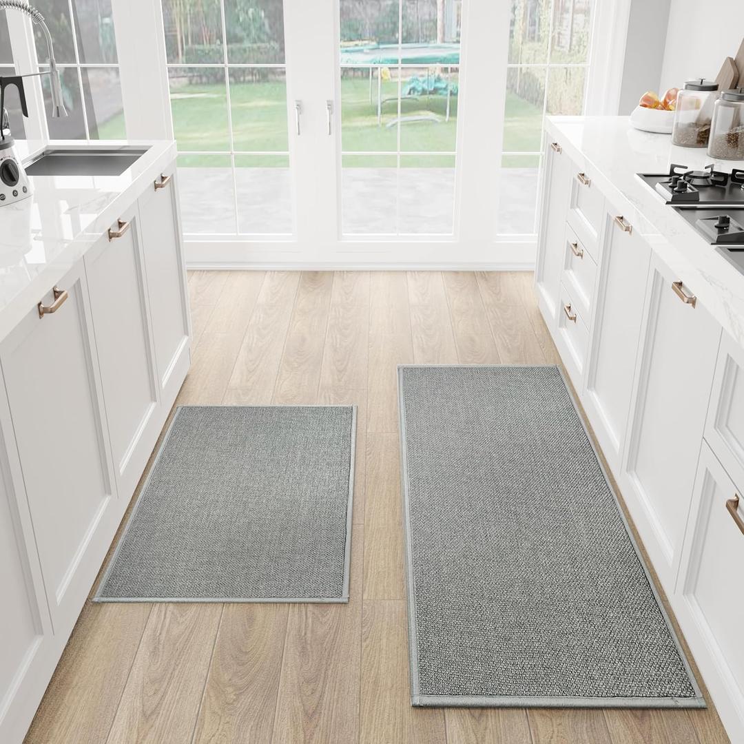 SUMLANS Kitchen Mat Set of 2 PCS, Cushioned Non Slip Rugs for Kitchen Floor, Absorbent Runner Comfort Standing Mats Washable for Kitchen, Office, Home (Grey, 17.3"x47"+17.3"x30")