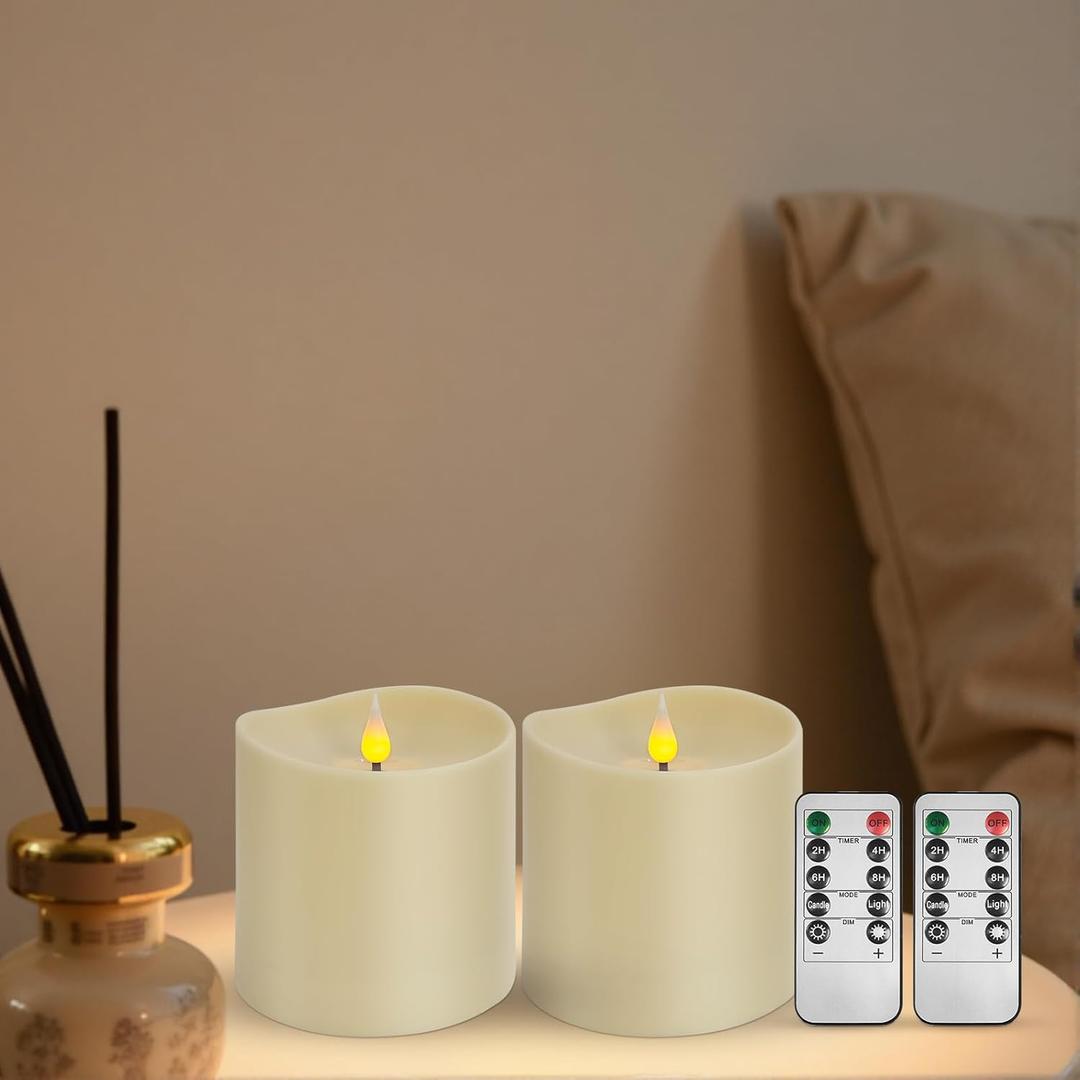 Set of 2 Flameless LED Candles with 2 Remotes, 4x4 Inch Battery Operated Plastic Pillar Candles, Realistic Flickering Flame, Timer & Dimming, Ivory  Safe & Elegant for Home and Events
