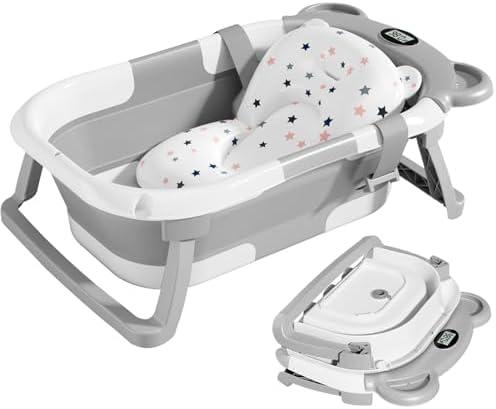 TPN Collapsible Baby Bathtub, Baby Bath Tub with Soft Cushion & Real-Time Thermometer, Baby Bathtub Infant to Toddler Tub (0-36 Months), Portable Newborn Travel Bath tub