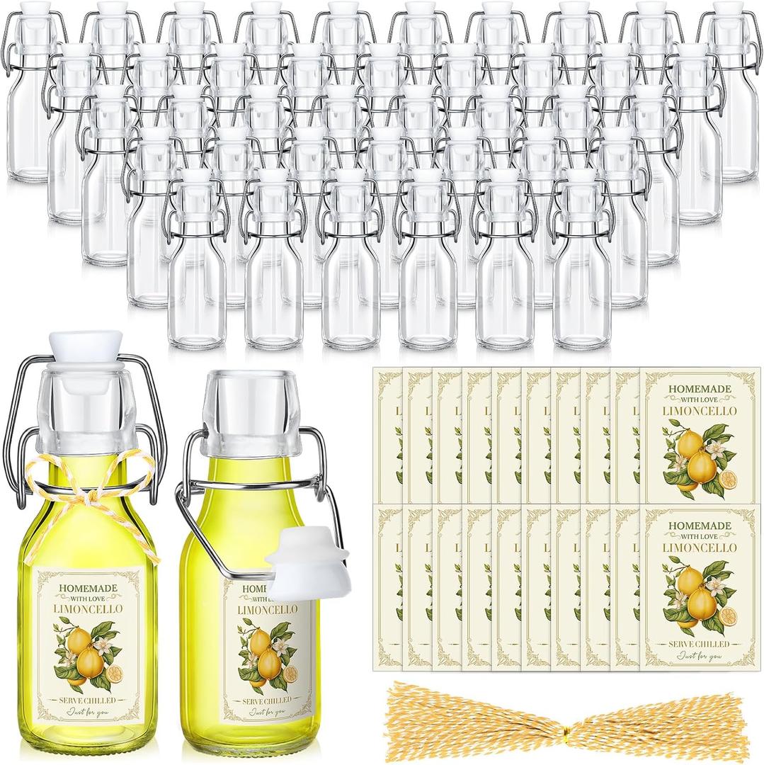 Havawish 48 Sets 4 oz Limoncello Bottles Swing Top Glass Bottles for Homemade Clear Flip Top Mini Limoncello Bottle with Labels Airtight Cap Lids for Home Brewing Gifts Wedding Baby Shower Favors