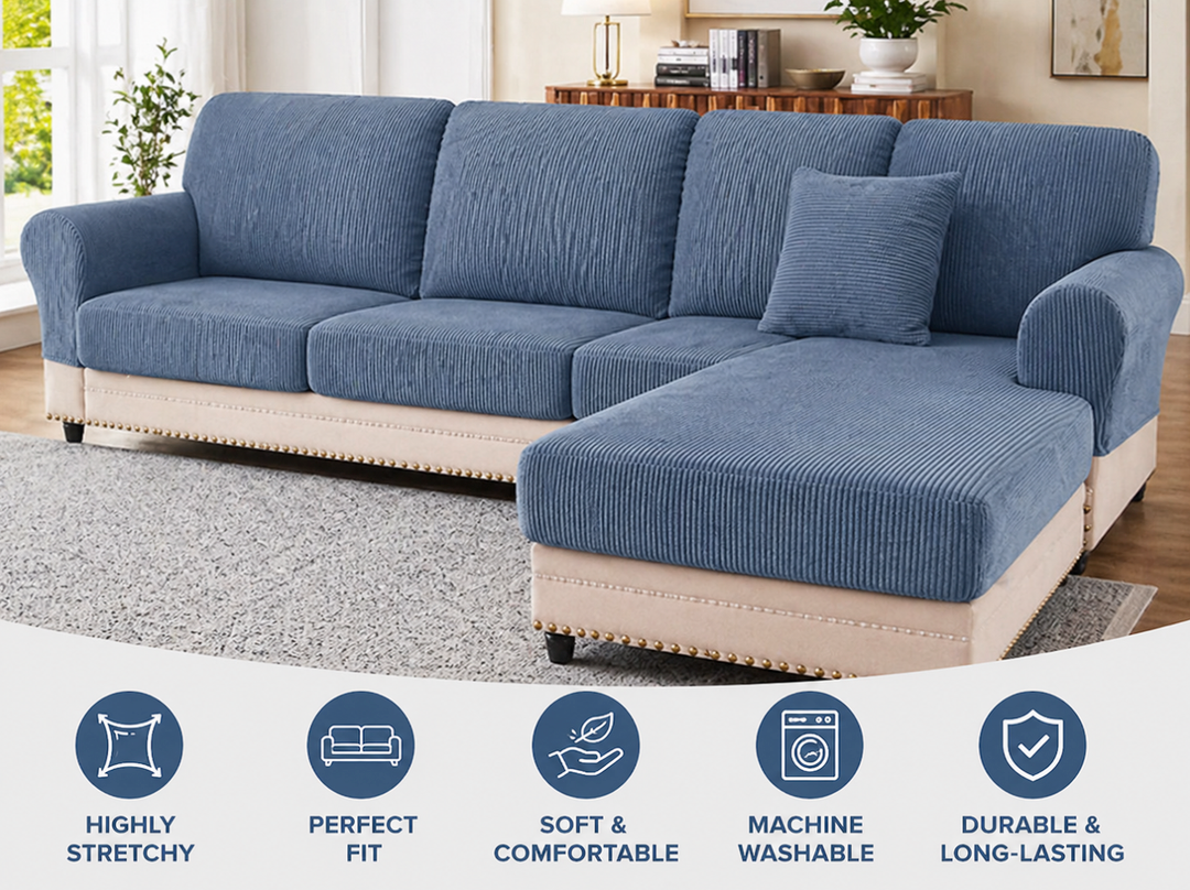 BT.WA Sectional Couch Covers for Sofa Cushion L Shaped Couch Cover Washable Soft Couch Cushion Covers Stretch Sofa Slipcovers with 2 Pcs Pillowcases(3-Piece 2 Seater + 1 Chaise, Blue)