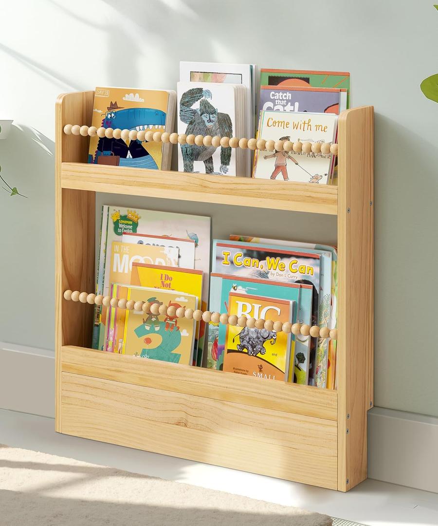 22.8 Inch Kids Bookshelf, Natural Wood Kids Book Shelf Wall Mount Organizer Shelves Bookcase Children Reading Nook Boho Decor for Kids Room Living Room Playroom Bedroom, 2 Tiers