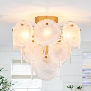Modern Flush Mount Glass Ceiling Light, Gold Hallway Lights Vintage Chandelier, 4-Light Unique Light Fixture for Bedroom Entryway Loft Kitchen Laundry Bathroom Farmhouse