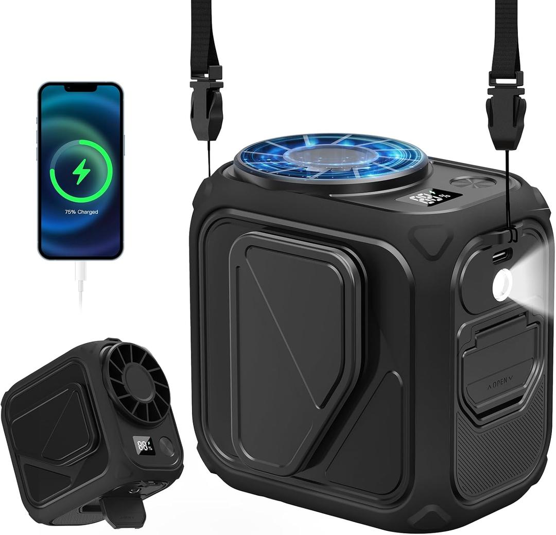Portable Waist Fan Rechargeable,10000mAh Mini Neck Fan With AI Chip,5 Speeds Strong Airflow, Max 20H Working Time, LED Light, Personal Clip Belt Fan for Outdoor, Traveling, Jobsitec(Black).