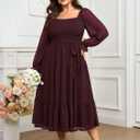 SCOMCHIC Women's Plus Size Dress Long Sleeve Square Neck Swiss Dot Chiffon Smocked A Line Ruffle Cocktail Maxi Dresses (XXXL)
