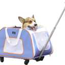 A4 Pet Pet Carrier with Wheels,Foldable Dog Carrier on Wheels for Medium Dogs Up to 33 LBS with Removable Base,Extendable Handle & 4-Wheels Design,Mesh Ventilation Windows and Safety Rope, Blue