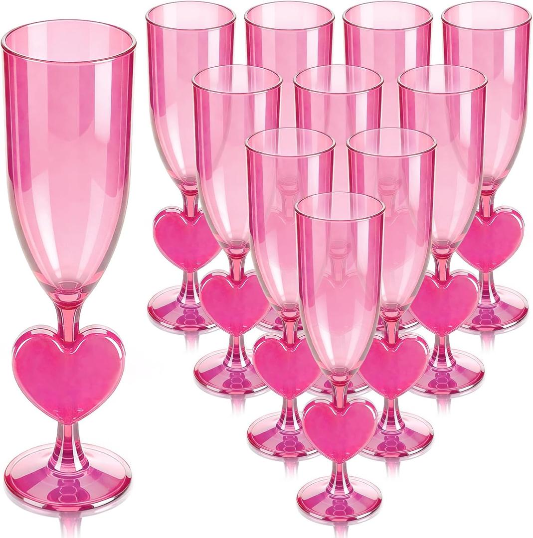 12 Pcs Heart Shaped Champagne Flute Valentine's Day 6 oz Acrylic Martini Glasses Galentine's Day Cocktail Toasting Wine Cups for Galentine Girls Night Bachelorette Party Favors Gifts, Pink