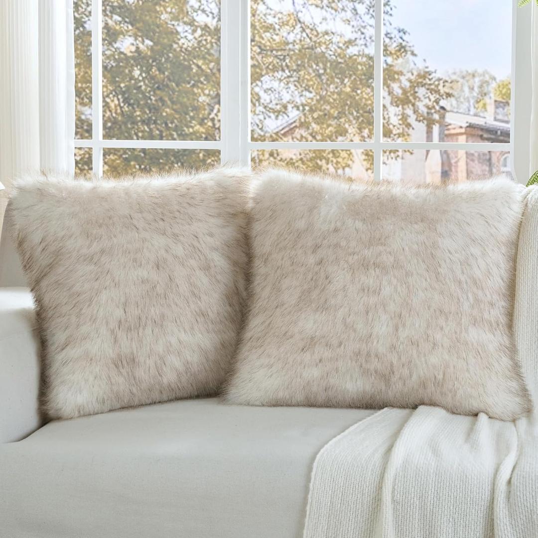 FUTEI Pack of 2 Faux Fox Fur Throw Pillow Covers 18x18 Inch Soft Fluffy Decorative Cushion Case Modern Farmhouse Accent for Couch Bed Living Room, Coffee White