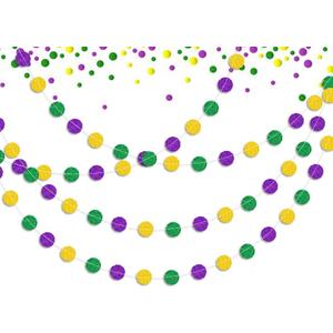 2 x 8 Strings Mardi Gras Hanging Garlands Glitter Green Purple Gold Circle Dots Garland Fat Tuesday Masquerade Paper Banner Hanging Ornaments for Backdrop Carnival Party Decorations - Single Sided