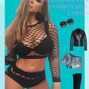 2 x Women's Mesh Lingerie Fishnet Babydoll Mini Dress Bodysuit See Through Shirts Long Sleeves Lingerie Bodysuit Cover Up (Black4)