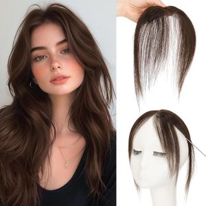 S-noilite Dark Brown Bangs Hair Clip,Middle Part Clip in Bangs Human Hair Natural Curtain Fringe with Temples Hairpieces for Women Clip on Bangs Daily Wear