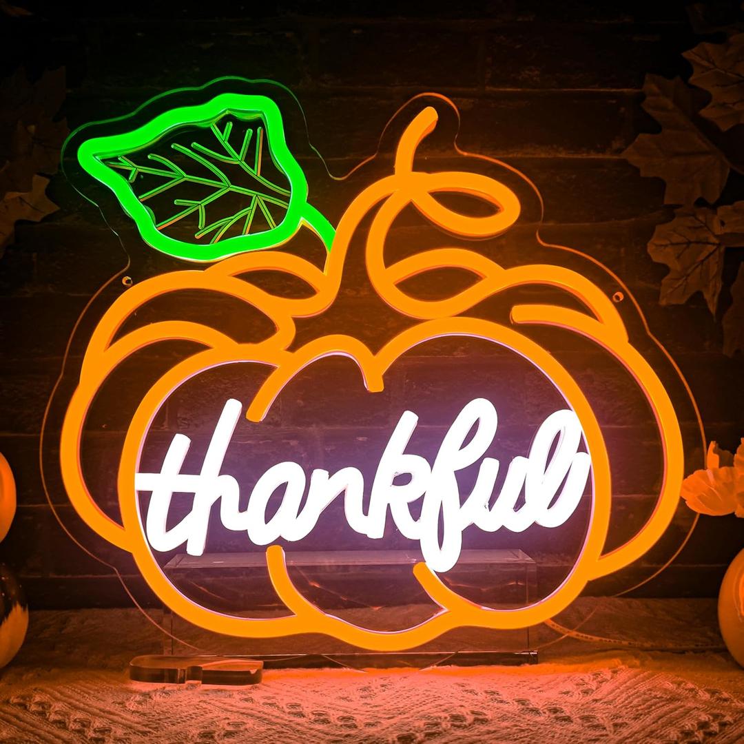Thanksgiving Pumpkin Neon Sign Dimmable Thanksgiving Neon Sign for Wall Decor Fall Neon Light Up Sign for Door Thankful LED Sign Decoration Wall Art Window Home Party