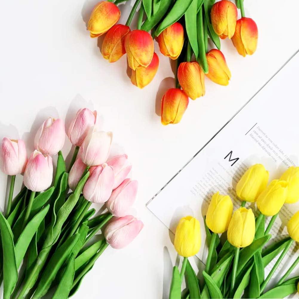 Jexine 100 Pcs Artificial Real Touch Tulips Fake Artificial Tulip Flower Bulk Bouquet with Stem for Table Centerpieces Wedding Bridal Easter Mother's Day Garden Home Decor, 13.4'', Multicolor