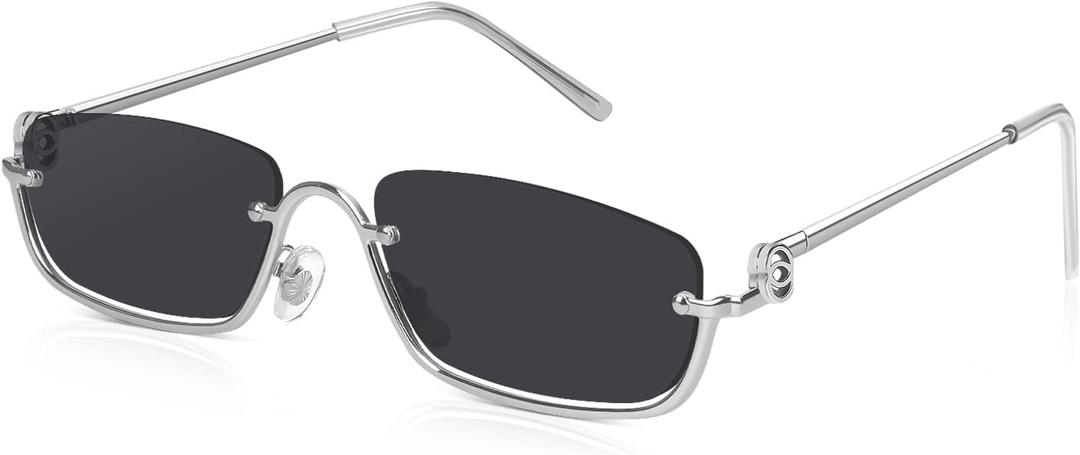 DrRelax Small Rectangle Sunglasses for Women Retro Half Metal Frame Driving Sun Glasses 90's Y2k Rectangular Sunnies (Silver Gray)