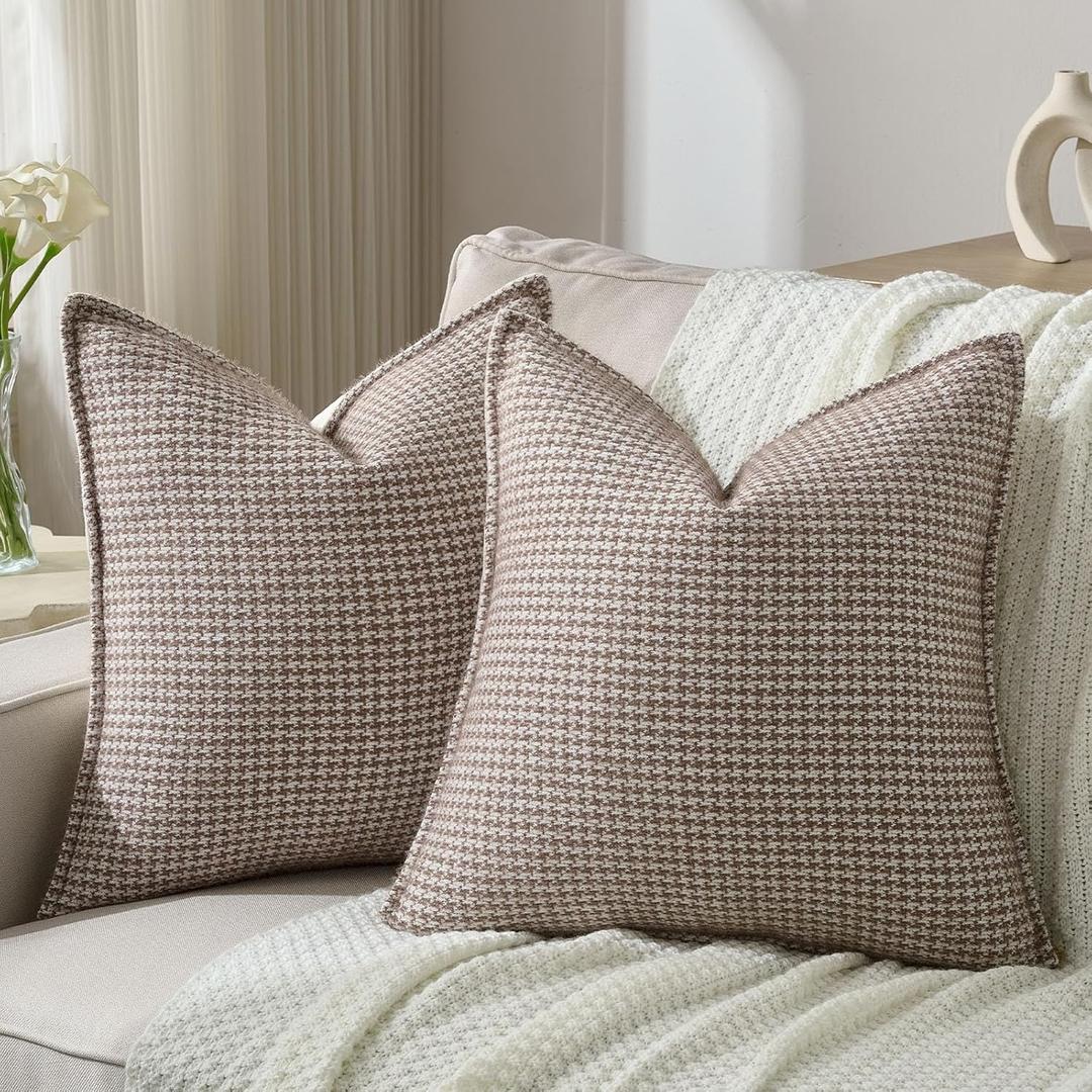 FUTEI Pack of 2 Houndstooth Throw Pillow Covers 20x20 Inch Soft Chenille Gingham Textured Farmhouse Decorative Cushion Case Modern Home Decor for Couch Bedroom Living Room, Coffee