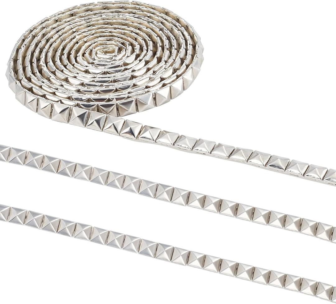 CHGCRAFT 2.5 Yards Hot Fix Pyramid Nailhead Trim 304 Stainless Steel Silver Iron-on Convex Pyramid Nailhead Trim with PU Leather Base for Decoration