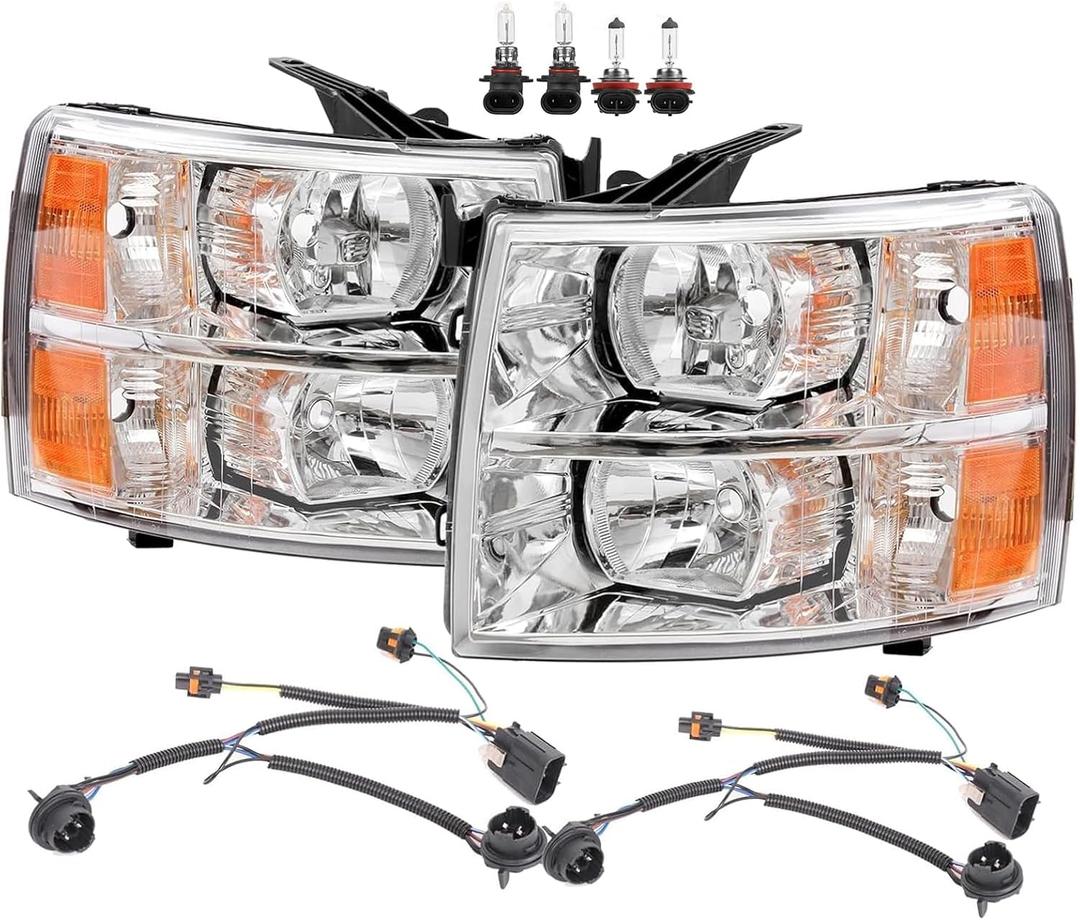APSVE Headlights Assembly with Bulb & Wiring Harness compatible with 2007-2013 Chevy Silverado 1500, 07-14 Silverado 2500 3500 &HD Models, Pair Headlamp Replacement + Wiring Harness+Bulbs