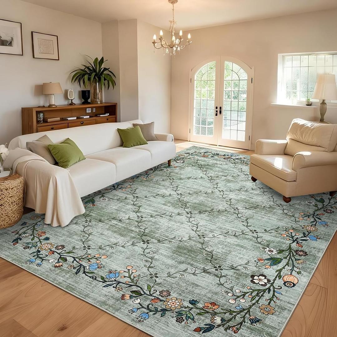 GarveeHome 10x13 Washable Floral Area Rugs for Living Room: Modern Floral Non Slip Large Area Rugs for Bedroom, Large Machine Washable Living Room Low Pile Carpet with Non-Slip Backing Green 10'x13'.
