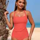 ZAFUL Women's Tankini Swimsuits Tummy Control Swimwear Two Piece Bathing Suits Swim Top with High Waisted Bottom (Pink, XL)