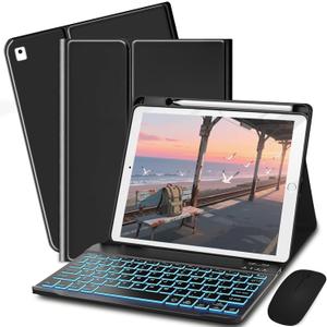 Keyboard Case for iPad 9.7 (6th Gen 2018 / 5th Gen 2017) / Pro 9.7 inch (2016) - 7 Colors Backlit Keyboard Cover and Mouse (Black)