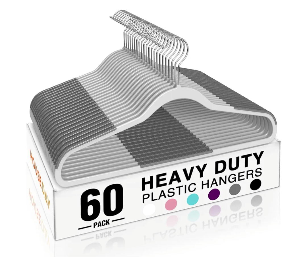 HOUSE DAY Heavy Duty Plastic Hangers 60 Pack, Non Slip Clothes Hangers with Rubber Pads and 360° Hook - Thin 0.2 Inch, Space Saving Coat Hanger Grey, Closet Organizer for Shirt, Pants, Suit, Skirt