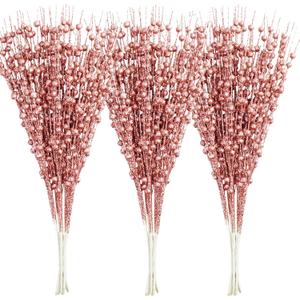 18 Pack Artificial Glitter Berry Stem Ornaments 15.7in Decorative Christmas Picks Glittery Bead Sticks Branches for Christmas Tree Decor DIY Wreath Crafts Home Decor (Rose Gold)