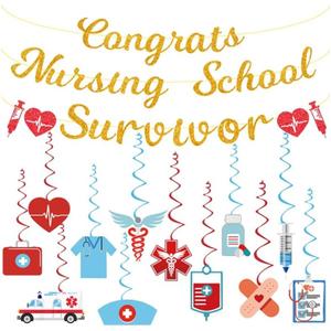Nursing Nurse Graduation Decorations,Gold Glitter Nursing School Survivor Banner Sign with Hanging Swirls,Congrats RN/BSN Graduation Party Decor Supplies